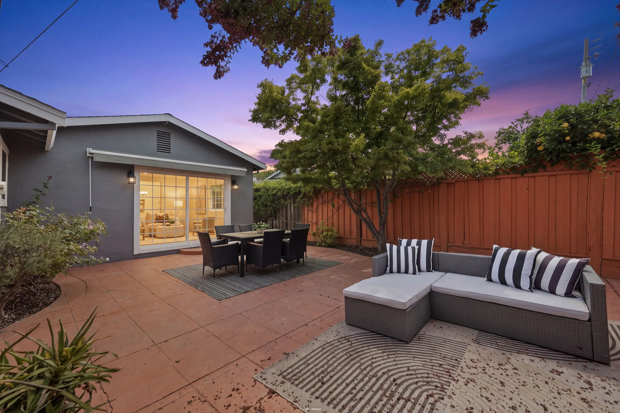 The patio at 567 Yurok Circle, San Jose, at dusk
